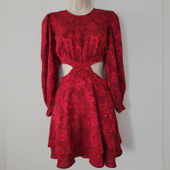 Rahi Dresses & Skirts - Rahi  Red Floral Print Cutout Long Sleeve Mini Dress  NWOT